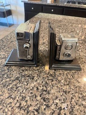 Retro Camera Bookends in Silver and Black